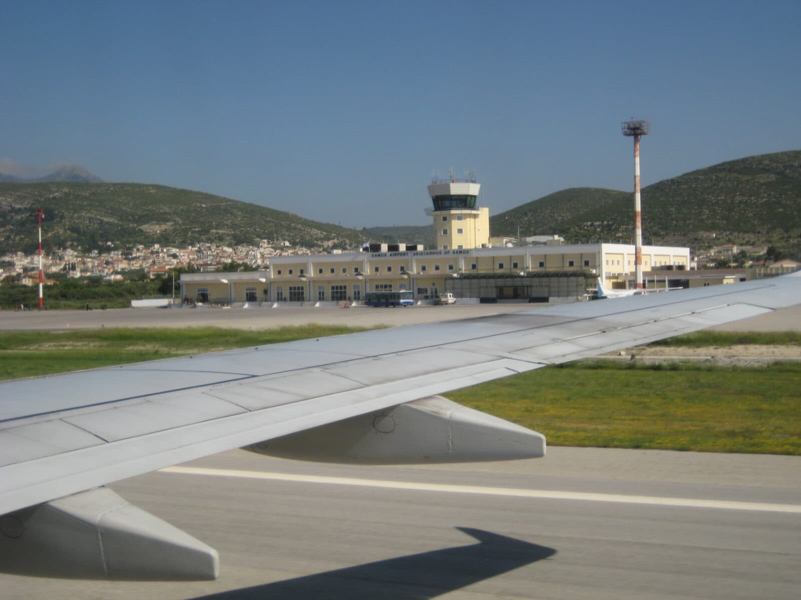 A plane on the tarmac at Samos International Airport